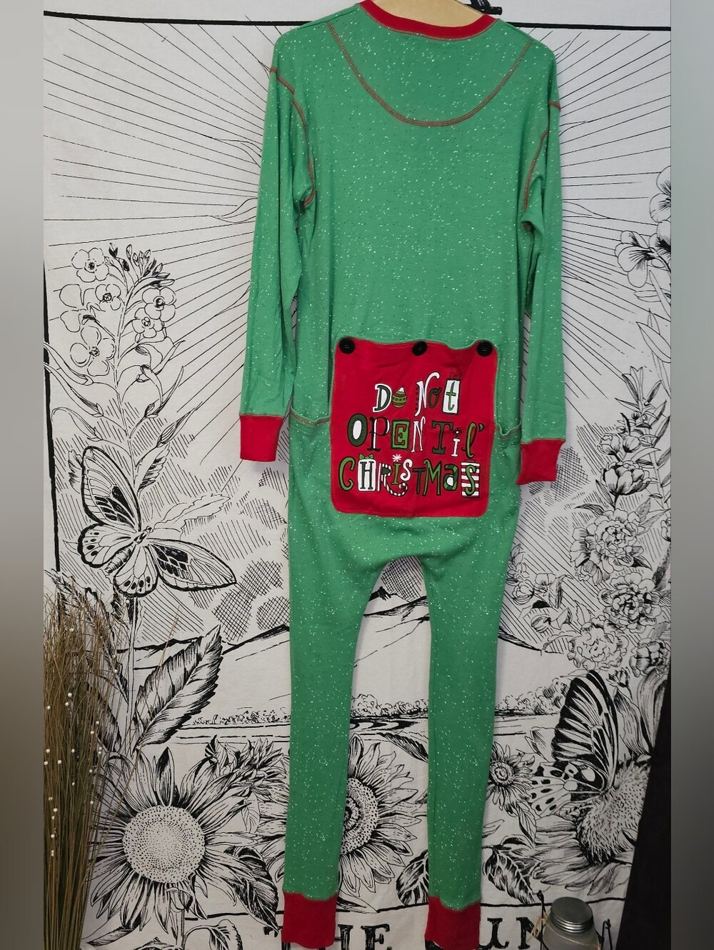 Lazy One "Don't Open Til Christmas" Unionsuit One-Piece Pajama Green Red Buttons